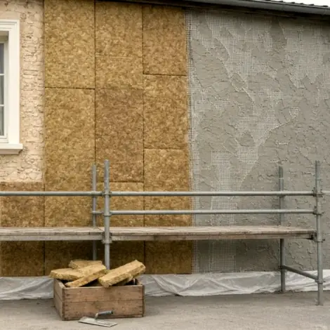 Isolation des murs par l’extérieur en cours de mise en œuvre sur une maison individuelle